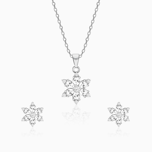 Silver Flowery Snowflake Pendant Set